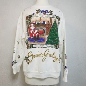 Holiday Time Christmas Santa VTG USA Made White Pullover Sweatshirt Size XL